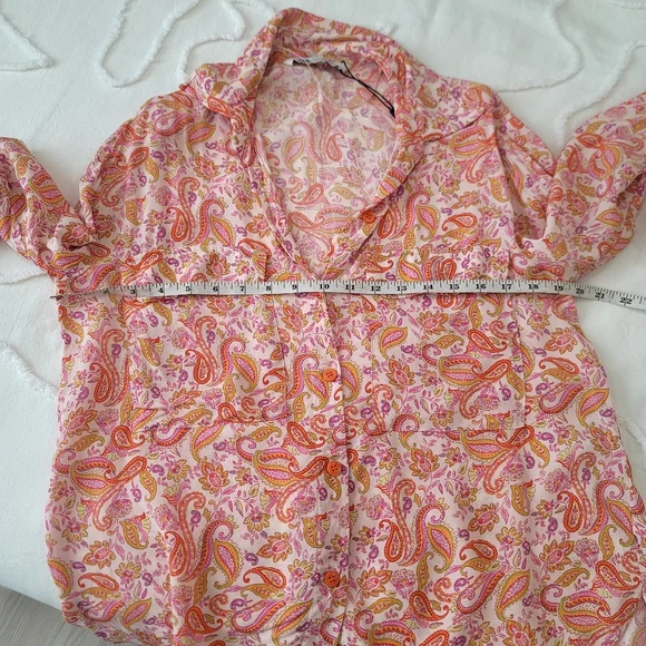 ​Zara Paisley Print Button-Down Blouse Pink & Orange Boho Shirt  M 100% Viscose - Picture 7 of 10